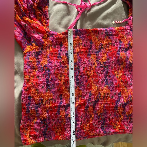 NWOT Free People Hot Pink Ditsy Floral Print Blouse Puff Sleeve Top, XL - Picture 6 of 11